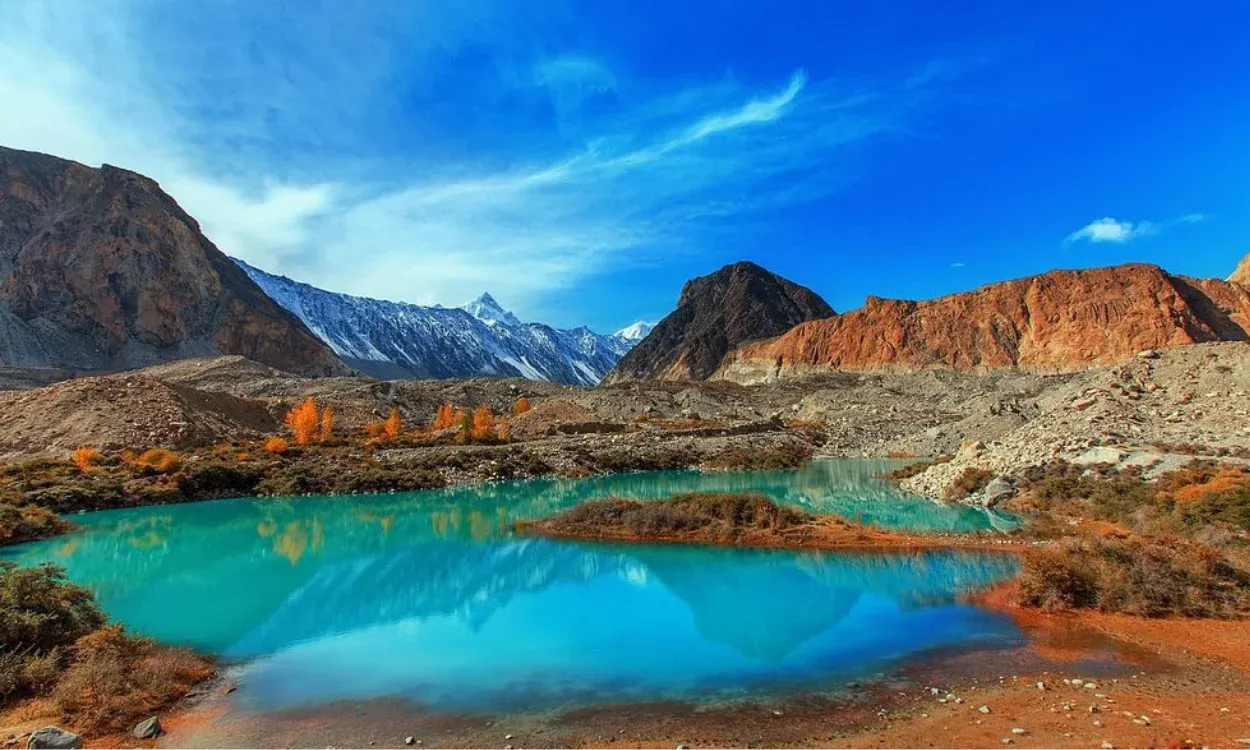 A glacial lake below rugged peaks on the Batura Glacier Trek