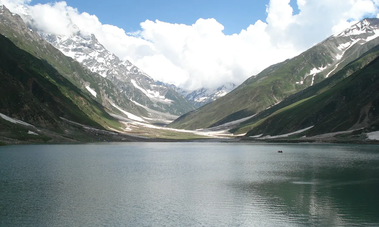 Saiful Muluk Lake below snowy peaks near Naran, Kaghan Valley, Pakistan