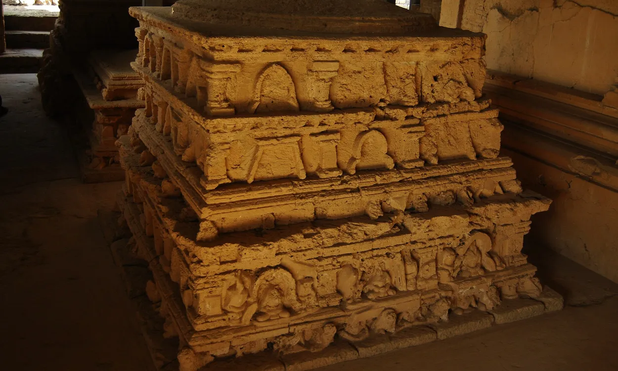 Carved Buddhist stupa bases at the Jaulian monastery, part of the Taxila UNESCO World Heritage Site, Pakistan