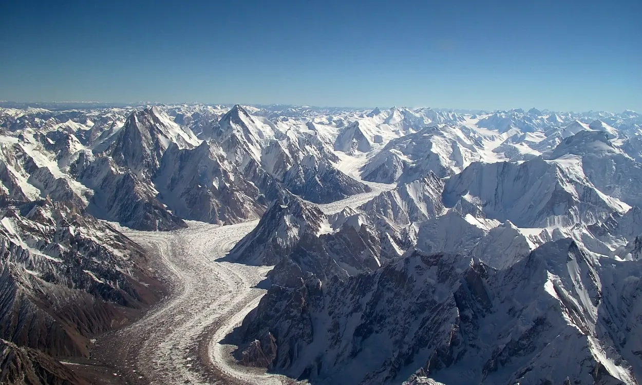 Aerial view of the Baltoro Glacier and Karakoram peaks seen from the air, Pakistan