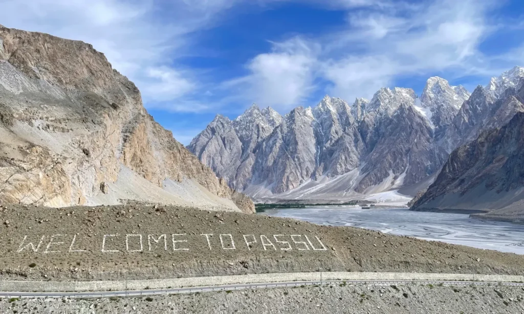 The Passu Cones rising above the Karakoram Highway in Hunza Valley, Pakistan