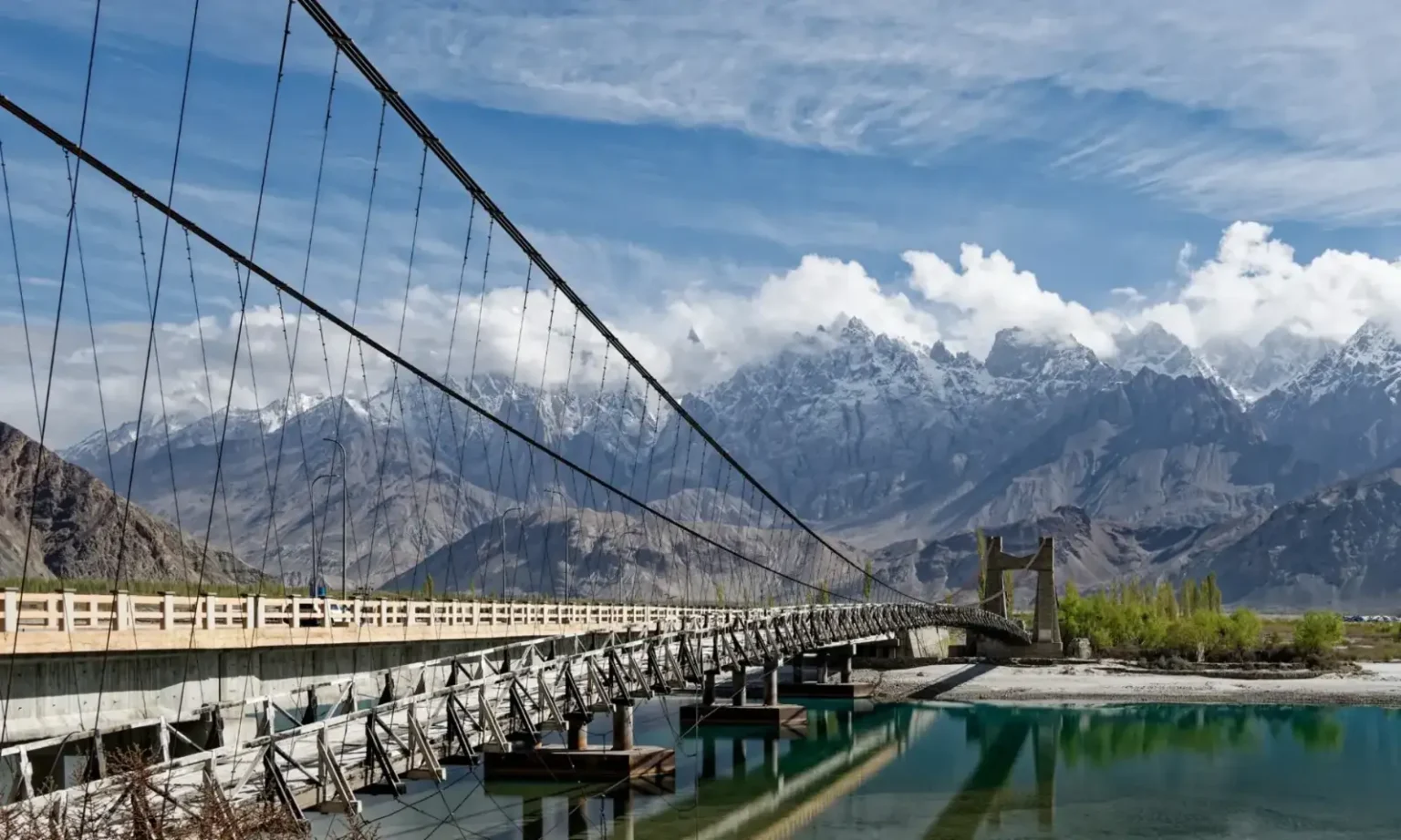 Suspension bridge over a river in the Karakoram, northern Pakistan