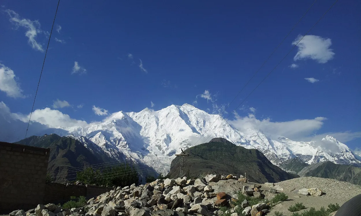 Snow-covered Rakaposhi seen from Nasirabad in the Hunza Valley, Pakistan