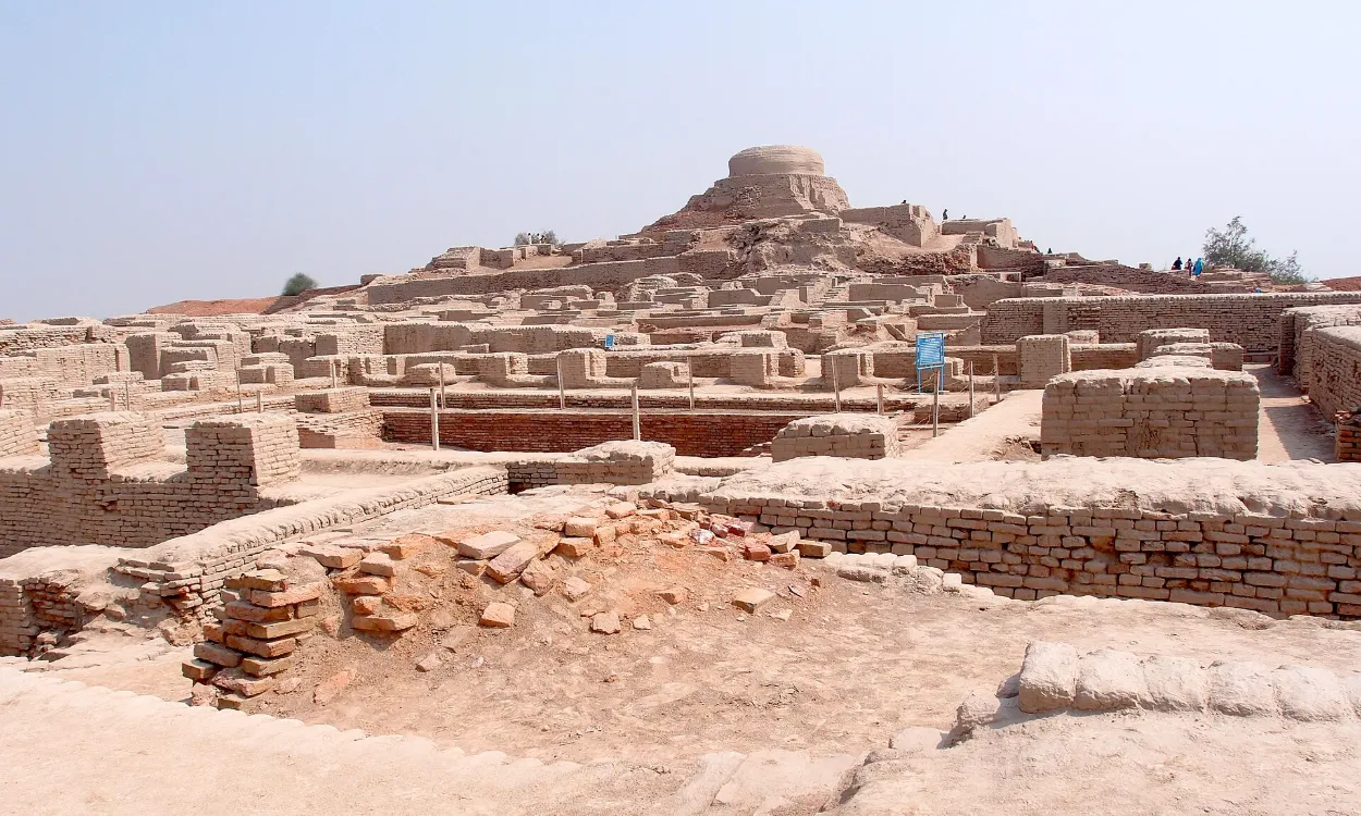 The excavated city of Mohenjo-daro and its Buddhist stupa mound, Sindh, Pakistan
