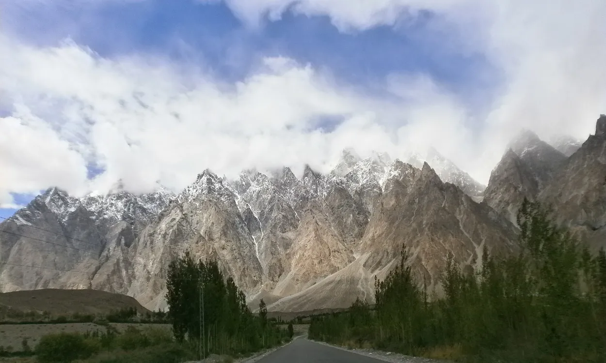The Karakoram Highway leading towards the Passu Cones in Upper Hunza, Pakistan