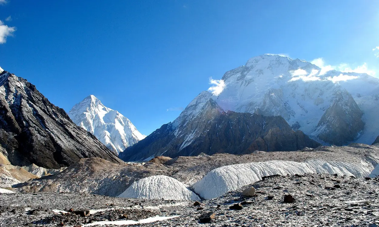 K2 and Broad Peak above the Baltoro Glacier at Concordia, Karakoram, Pakistan