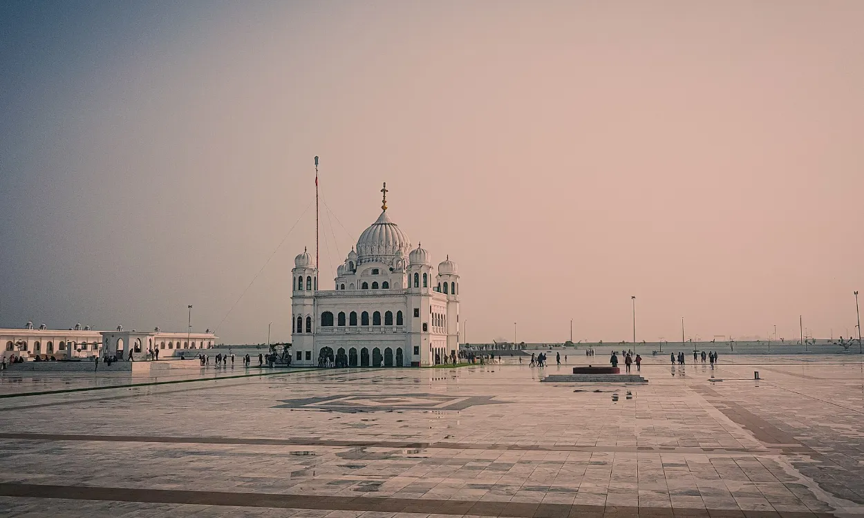 Gurdwara Darbar Sahib Kartarpur in its white marble courtyard at dusk, Narowal, Pakistan