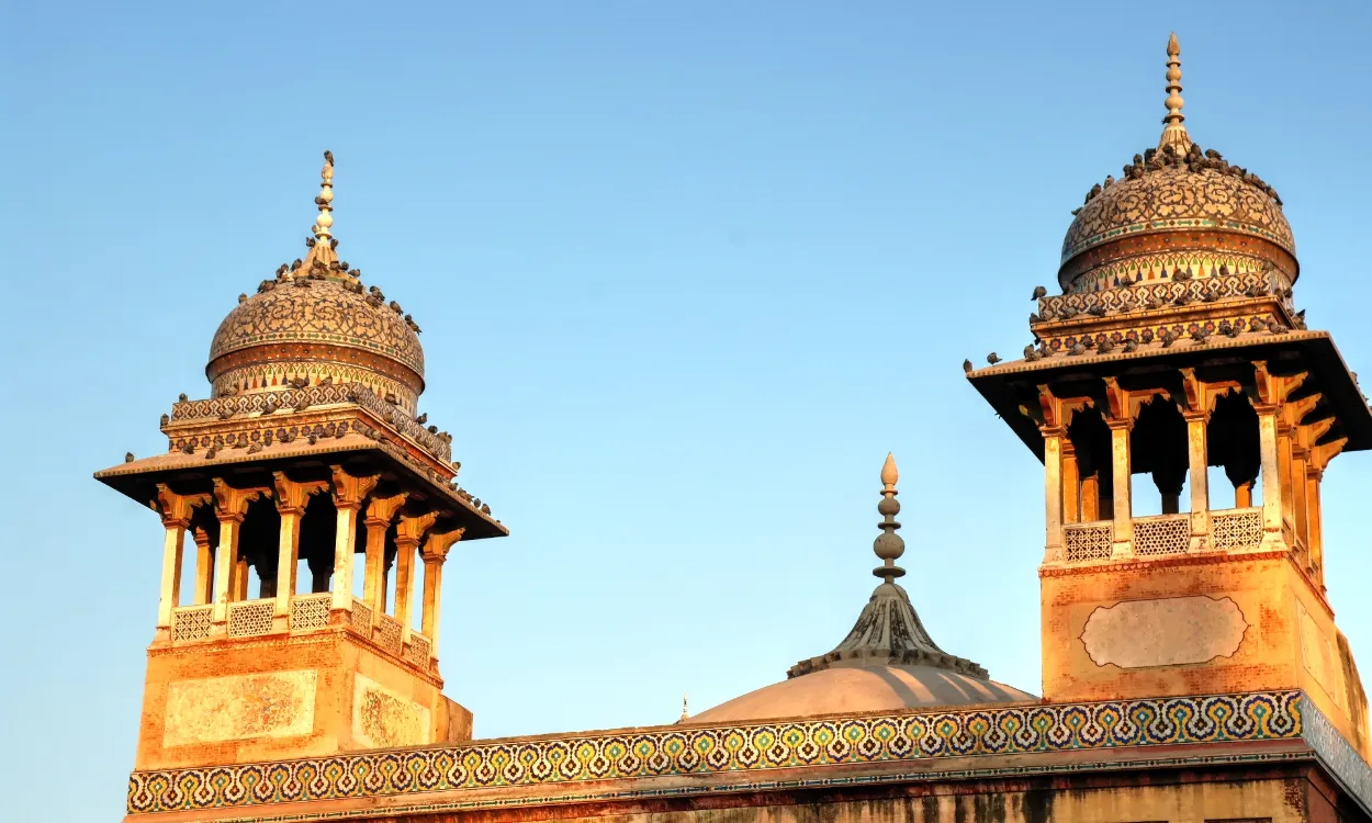 The painted minarets of Wazir Khan Mosque in the Walled City of Lahore, Pakistan
