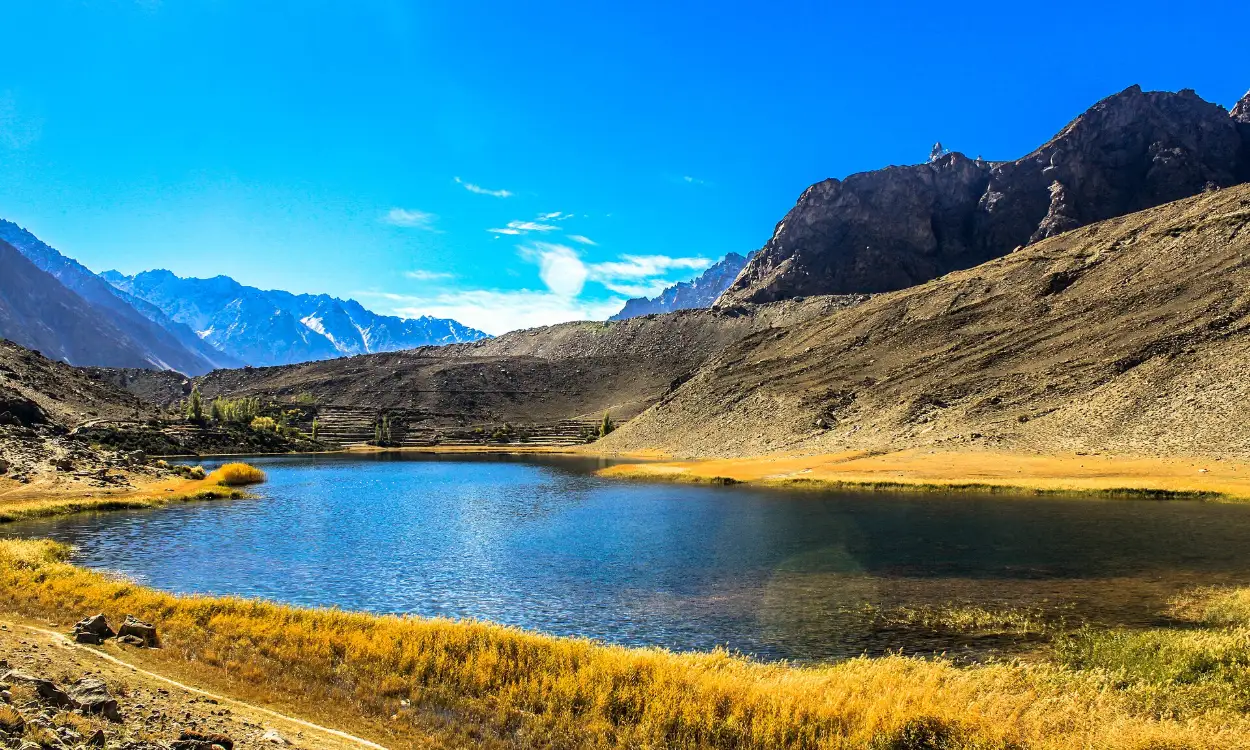 Borith Lake below the Karakoram peaks in Gulmit, Upper Hunza, Pakistan