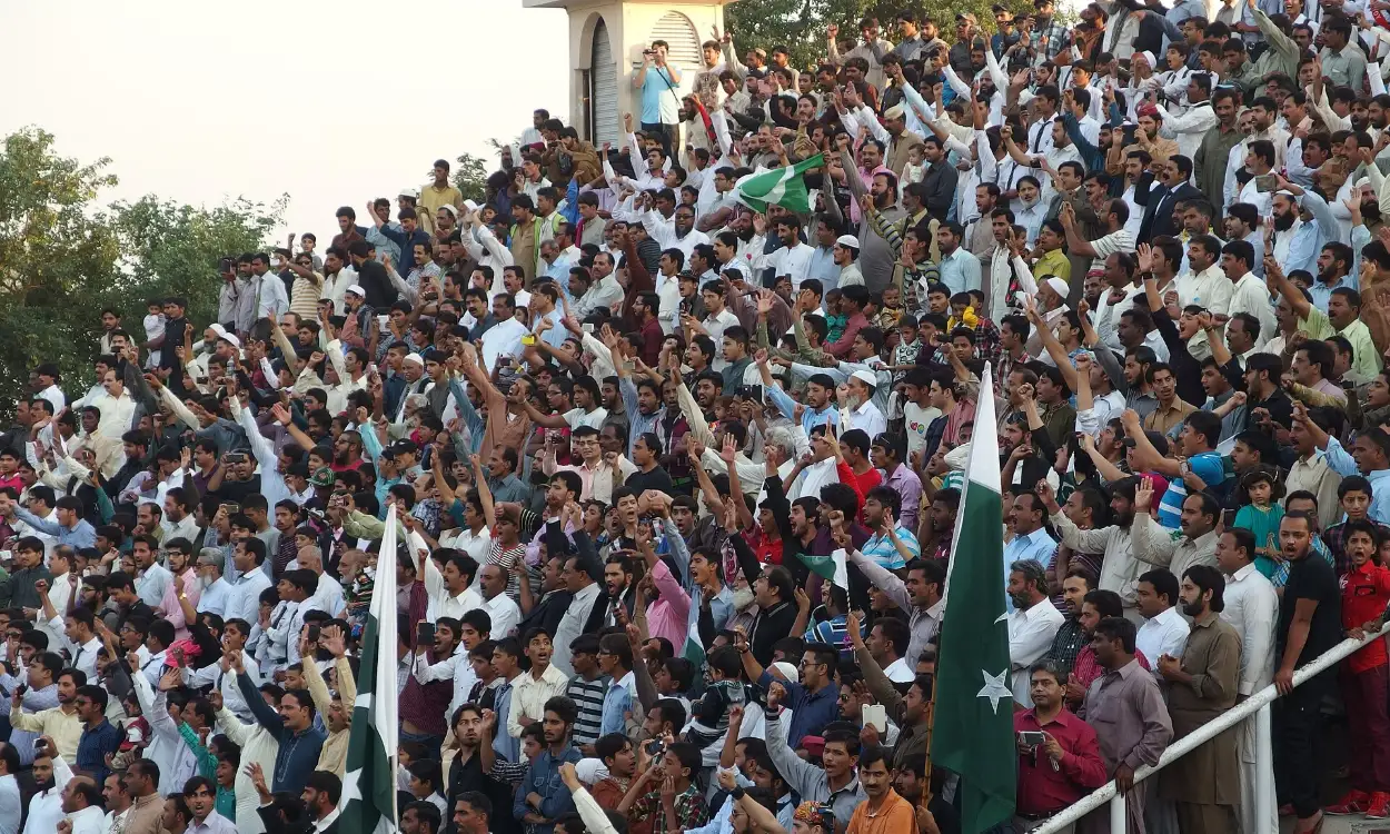 Crowds in the stands at the Wagah border crossing near Lahore, Pakistan