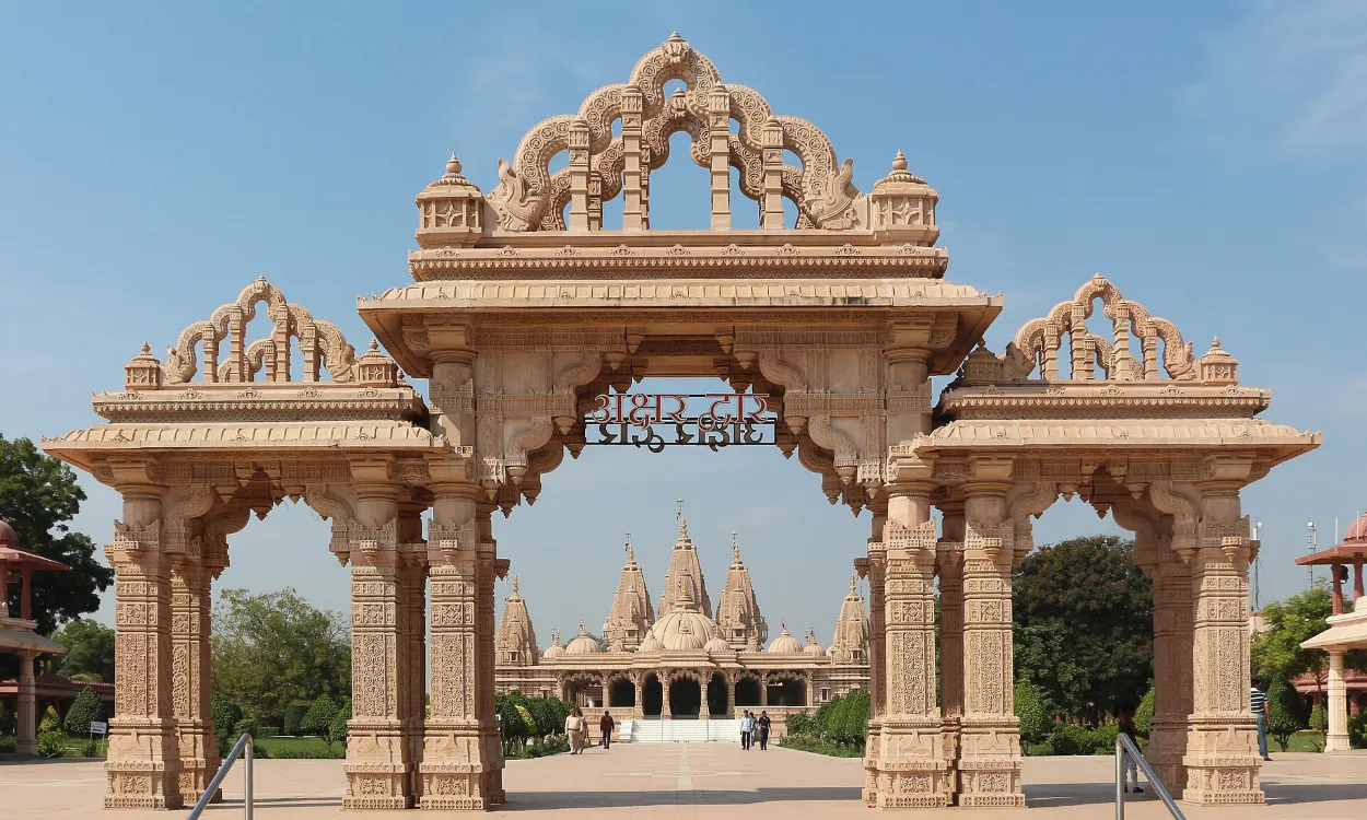 The carved gate of Shri Swaminarayan Mandir in Karachi, Sindh, Pakistan
