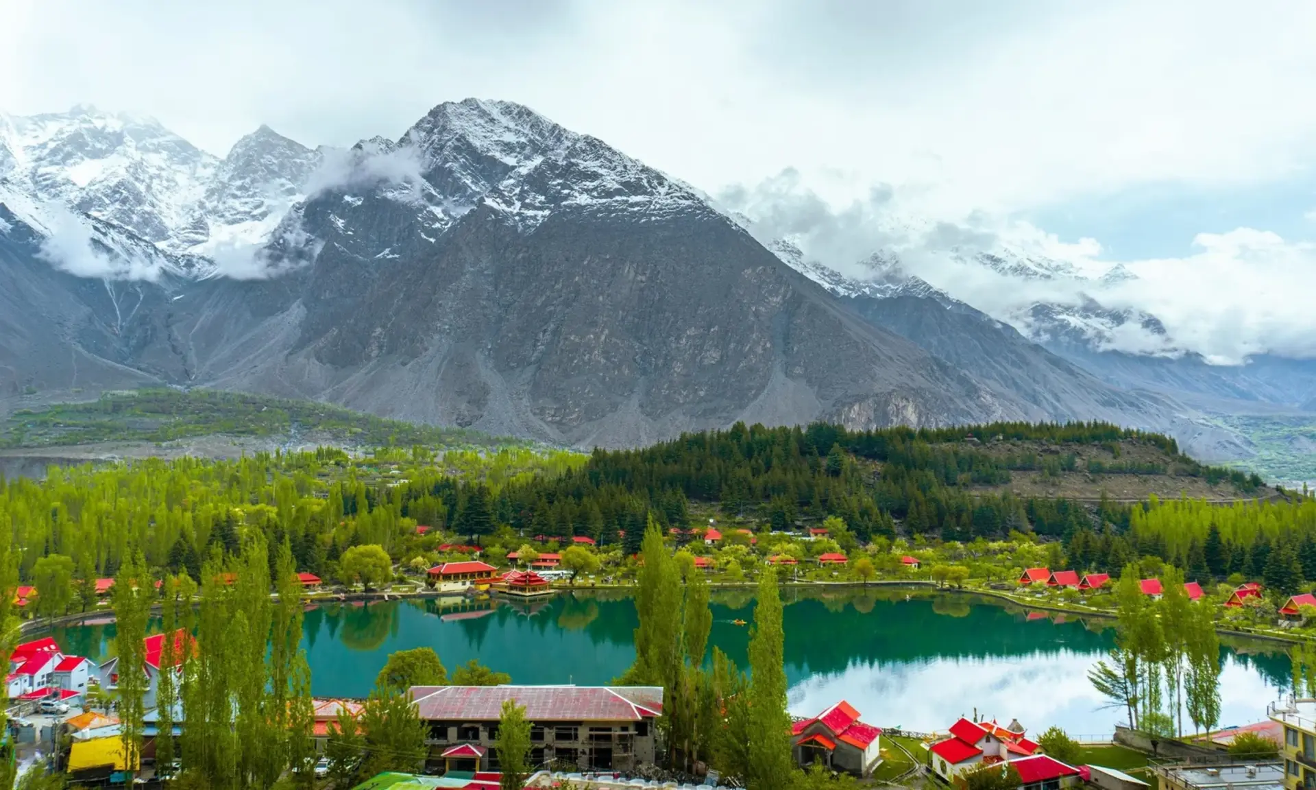 Shangrila Lake and snowy peaks in Skardu, Gilgit-Baltistan